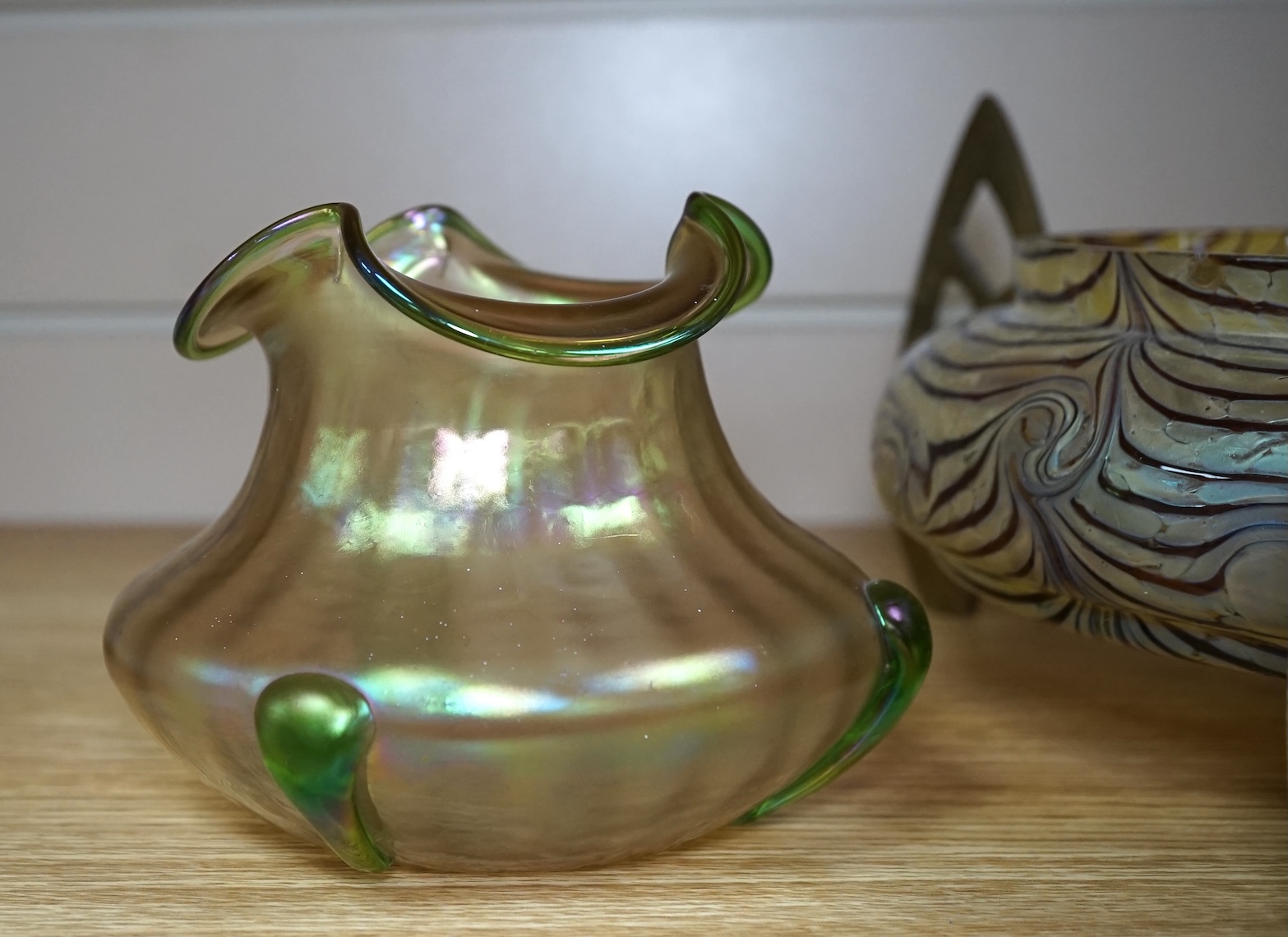 An Otto Tham iridescent glass centrepiece on brass stand, probably designed by Friedrich Wilhelm Heckert and two Pallme König glass vases, centrepiece 20cm diameter not including stand. Condition - good